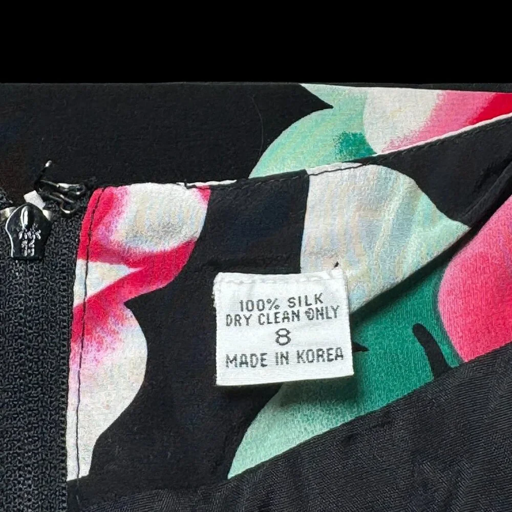 Vintage Nipon Boutique Silk Dress 8 Black Airbrushed‎ Roses Side Bow Wrap Look